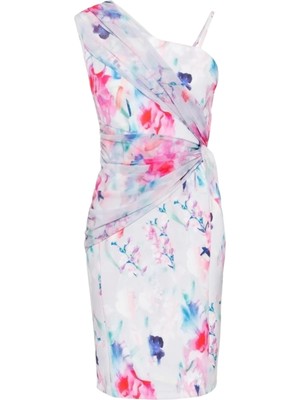 Kadın Tek Omuz Batık Desenli Asimetrik Kesim Tasarım Şık Gece Abiye Elbise