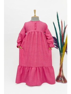 Kız Çocuk Keten Elbise - Mihri Model Uzun Tesettür Elbise Fuşya