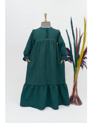 Kız Çocuk Keten Elbise - Mihri Model Uzun Tesettür Elbise Zümrüt