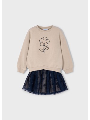 Mayoral 4-10 Yaş Kız Çocuk Bej Baskılı Sweatshirt ve Lacivert Tütü Etek Takımı