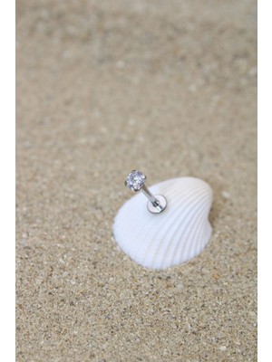 Piercing Cerrahi Çelik Piercing Zirkon Taşlı Kıkırdak Tragus Conch Helix Silver Renk 3,50 mm Labret