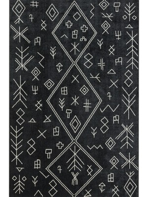Hali.Net 80x250 cm Siyah Soyut Semboller Bohem Geometrik Halı | Mutfak Yolluk Halısı | Hav Vermez Leke Tutmaz | EASY-1222
