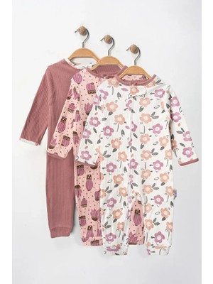 %100 Pamuk 9-12-18 Ay Kaktüs Çiçek 3'lü Patiksiz Manşetli Tulum (Kız Erkek Bebek Çocuk)