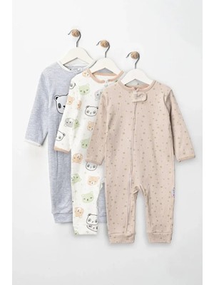 %100 Pamuk 9-12-18 Panda Organik 3'lü Patiksiz Manşetli Tulum (Kız Erkek Bebek Çocuk)
