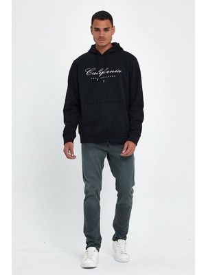 Erkek Kapşonlu Rahat Kalıp Içi Polarlı 3 Iplik El Yazılı Californıa Baskılı Swetashırt SPR24SW03