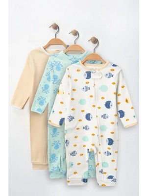 %100 Pamuk 9-12-18 Balık Deniz  3'lü Patiksiz Manşetli Tulum (Kız Erkek Bebek Çocuk)