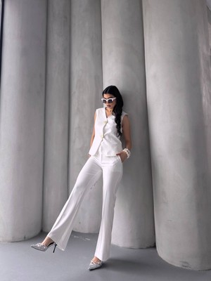 Kadın Gold Kurabiye Düğmeli Yelek Pantolon Takım Elbise