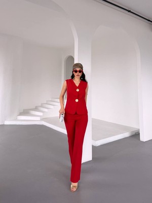 Kadın Gold Kurabiye Düğmeli Yelek Pantolon Takım Elbise