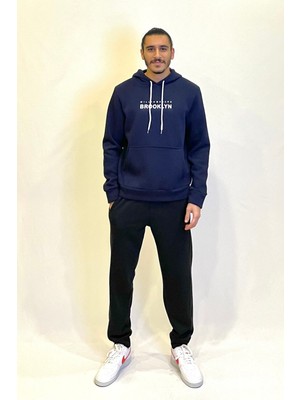 Erkek Kapşonlu Rahat Kalıp Içi Polarlı 3 Iplik  Wıllams. Brooklyn Baskılı Swetashırt SPR24SW04
