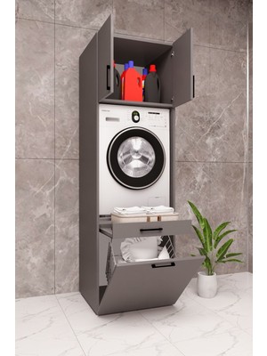 Mdf Çamaşır Makinesi ve Kurutma Makinesi Dolabı Kirli Sepetli Tekli
