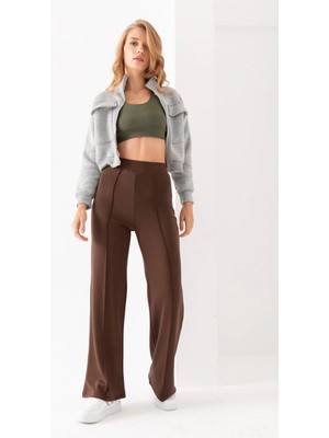 Kadın Kahve Modal Bol Paça Çımalı Yüksek Bel Yumuşak Dokulu Beli Lastikli Likralı Pantolon