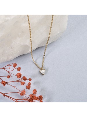 14 Ayar Mikron Altın Kaplama Zarif ve Şık Kalp Tek Taşlı Gümüş Kolye - CNS00660