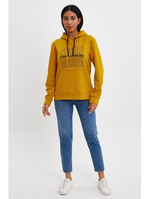 Kadın Kapşonlu Rahat Kalıp Içi Polarlı 3 Iplik  Los Angeles Baskılı Sweatshırt SPR24SWK10