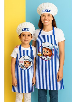 Ays Home Mavi Çizgili Şapkalı Anne Çocuk Etkinlik Önlüğü Seti