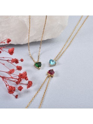 14 Ayar Mikron Altın Kaplama Tek Taş Kalp Doğum Taşı Kolye – Kişiye Özel Hediye - CNS00661