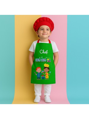 Ays Home Yeşil Tren Desenli Anaokulu Etkinlik Önlüğü (Şapka ve Önlük Set)