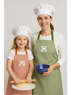 Ays Home Çizgili Şapkalı Anne Çocuk Mutfak Önlüğü Seti (2 Önlük2 Şapka