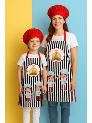 Ays Home Siyah Çizgili Anne Çocuk Mutfak Önlüğü (2 Kep 2 Önlük)