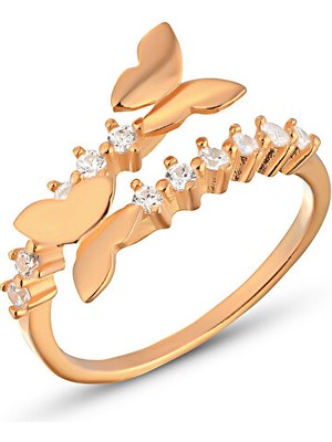 925 Ayar Gümüş Zirkon Taşlı Rose Ayarlanabilir Kelebek Yüzük