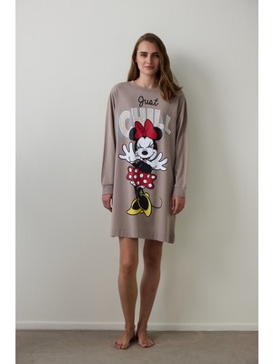 Penti Koyu Bej Just Chill Mickey Mouse Baskılı Pamuklu Uzun Kollu Gecelik