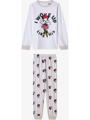 Penti Optik Beyaz Kız Çocuk Minnie Mouse Pamuklu Uzun Kollu 2'li Pijama Takımı