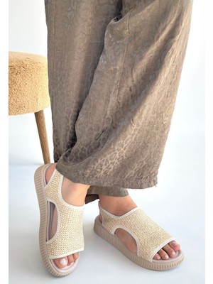 Wayi Bej Hasır Cilt Sandalet - Lisinya
