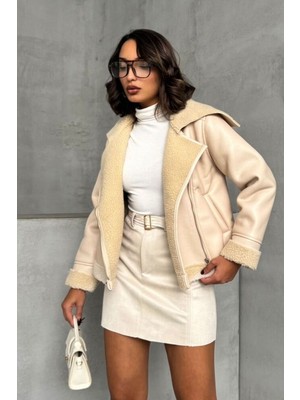 Fermuarlı Deri Kürklü Açık Taş Kadın Premium Luxury Trend Tasarım Mont