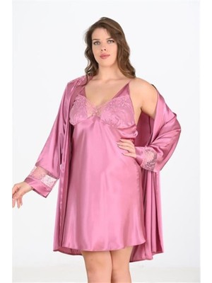 Cotton Soft Premium Büyük Beden Saten Dantel Işlemeli Gül Kurusu 2'li Gecelik Sabahlık Takımı Bigsize