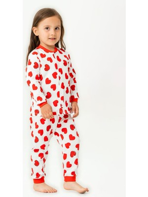 Miniğimin Cicileri Kalp Baskılı Pamuklu Kız Çocuk Çıtçıtlı pijama takımı - Kırmızı