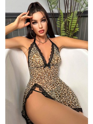 Kadın Leopar Desenli Derin V Yaka Dantel Detaylı Yırtmaçlı Gecelik