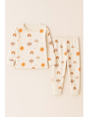 Çocuk Gezegen Desenli Pijama Takımı Ekru