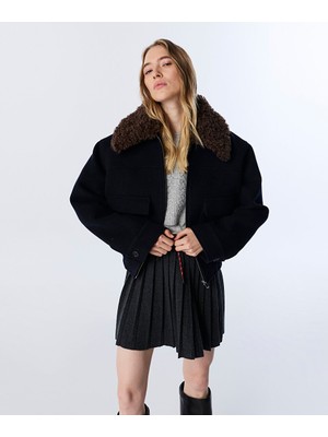 Twist Kontrast Yakalı Kadın Oversize Geniş Cepli Kaban TW6250008055015 Lacivert Yün Orta Kalınlık