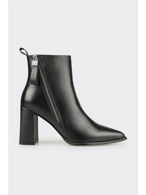 Siyah Deri Kadın Yüksek Topuk Bot