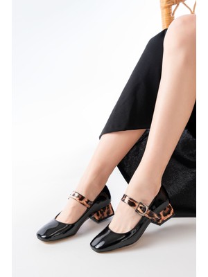 ST-006 Siyah Leopar Rugan Günlük 4 cm Topuklu Bayan Ayakkabı