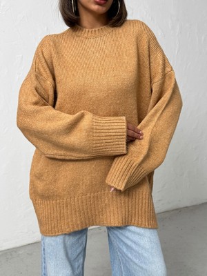 Kadın Yumuşak Dokulu Bisiklet Yaka Oversize Basic Triko Kazak