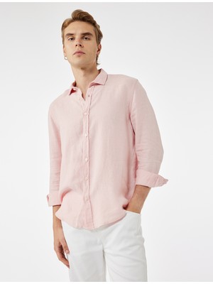 Regular Fit Düğmeli Klasik Yaka Uzun Kollu Keten Gömlek