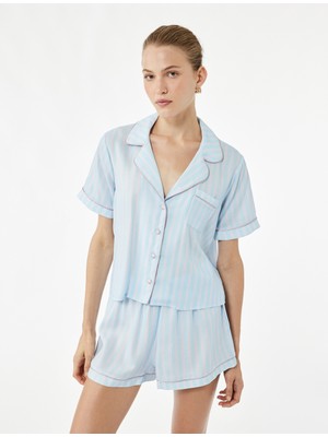Viskon Kumaş Kısa Kollu Düğmeli Gömlek Yaka Pijama Üstü