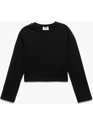 Pamuklu Bisiklet Yaka Uzun Kollu Basic Crop Tişört