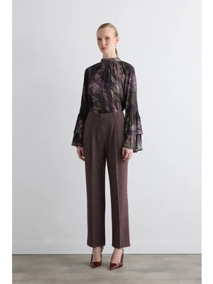 Gusto Kırçıllı Yüksek Bel Pileli Pantolon - Bordo