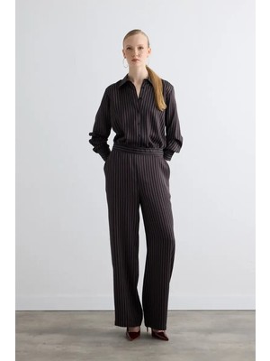 Gusto Bol Paça Çizgili Saten Pantolon - Kahverengi