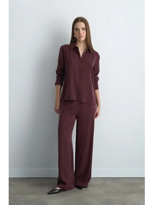 Gusto Anka Koleksiyonu Bol Paça Lyocell Pantolon - Bordo