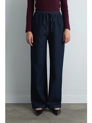 Gusto Beli Lastikli Bol Paça Denim Pantolon - Mavi