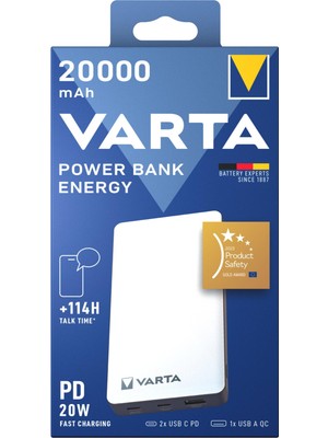 Varta 20000 mAh Taşınabilir Şarj Cihazı - Energy Hızlı Şarj Özellikli 3 USB Çıkışlı Beyaz