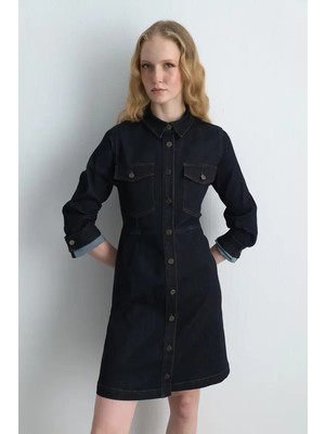 Gusto Tencel Denim Elbise - Lacivert