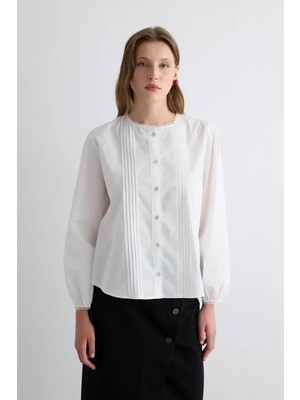 Gusto Nervürlü Koton Gömlek - Beyaz