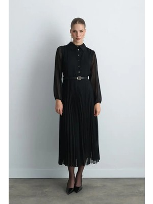 Gusto Pilise Uzun Şifon Elbise - Siyah