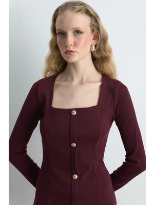 Gusto Kare Yaka Pamuk Örme Bluz - Bordo