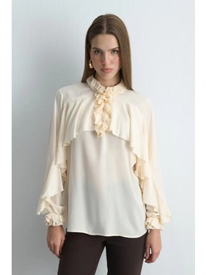 Gusto Anka Koleksiyonu Volanlı Viskon Gömlek - Ekru