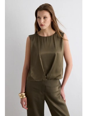 Gusto Önü Pileli Kolsuz Saten Bluz - Haki