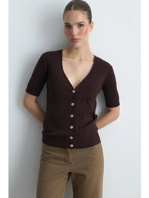 Gusto Kısa Kollu Ribana Triko Hırka - Kahverengi
